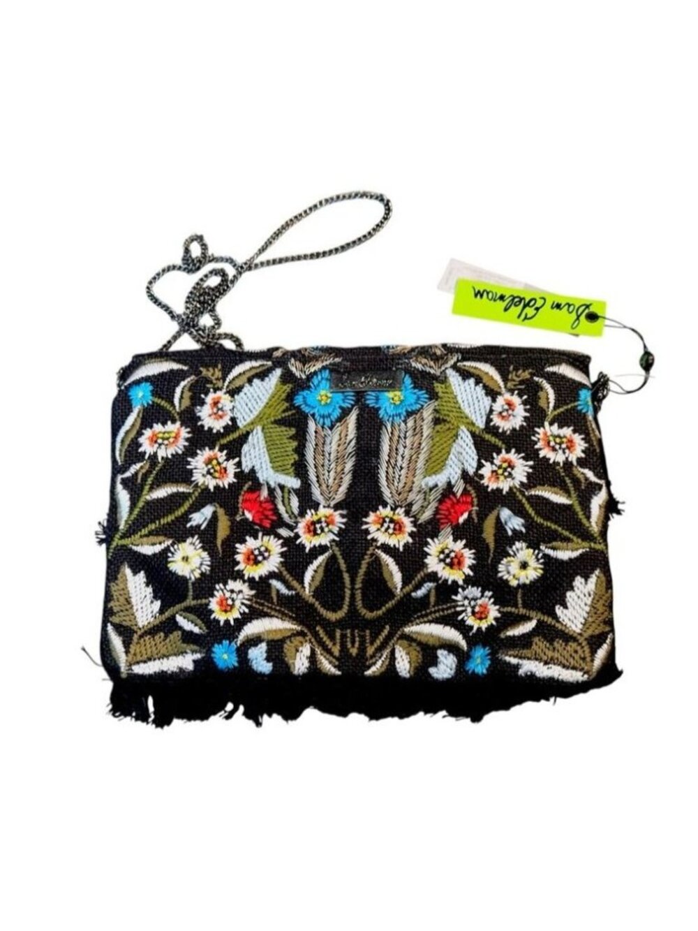 Sam Edelman Cait Flap Clutch Floral Embroidered Black Chain Strap Frayed Detail